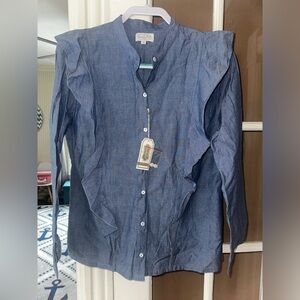 New Mud Pie Small 4 6 Chambray Blue Ruffle-Trim Button-Down Shirt